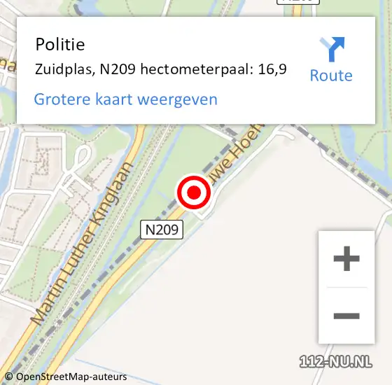 Locatie op kaart van de 112 melding: Politie Zuidplas, N209 hectometerpaal: 16,9 op 12 maart 2024 21:46