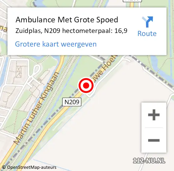 Locatie op kaart van de 112 melding: Ambulance Met Grote Spoed Naar Zuidplas, N209 hectometerpaal: 16,9 op 12 maart 2024 21:46