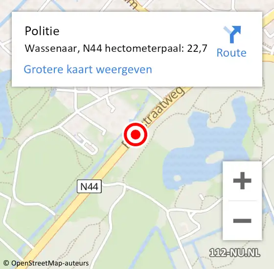 Locatie op kaart van de 112 melding: Politie Wassenaar, N44 hectometerpaal: 22,7 op 12 maart 2024 22:54