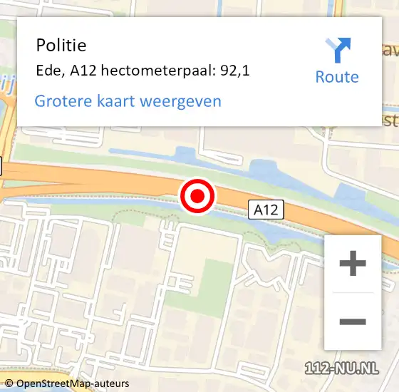 Locatie op kaart van de 112 melding: Politie Ede, A12 hectometerpaal: 92,1 op 13 maart 2024 08:43