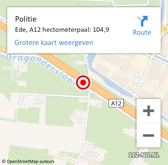 Locatie op kaart van de 112 melding: Politie Ede, A12 hectometerpaal: 104,9 op 13 maart 2024 10:08