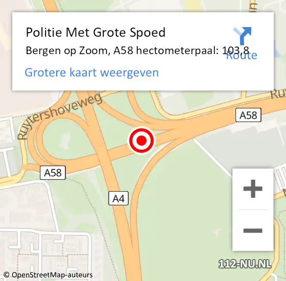 Locatie op kaart van de 112 melding: Politie Met Grote Spoed Naar Bergen op Zoom, A58 hectometerpaal: 103,8 op 13 maart 2024 10:58