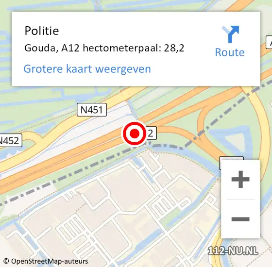 Locatie op kaart van de 112 melding: Politie Gouda, A12 hectometerpaal: 28,2 op 13 maart 2024 13:24