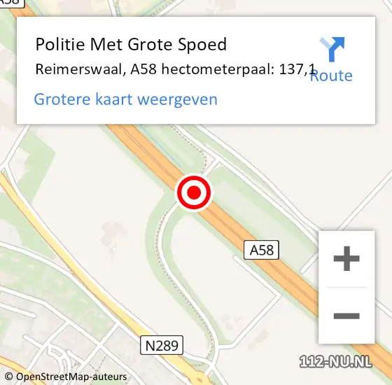 Locatie op kaart van de 112 melding: Politie Met Grote Spoed Naar Reimerswaal, A58 hectometerpaal: 137,1 op 13 maart 2024 14:22
