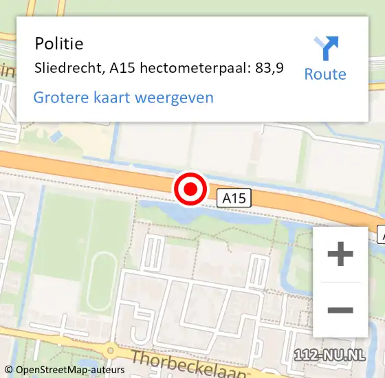 Locatie op kaart van de 112 melding: Politie Sliedrecht, A15 hectometerpaal: 83,9 op 13 maart 2024 15:13