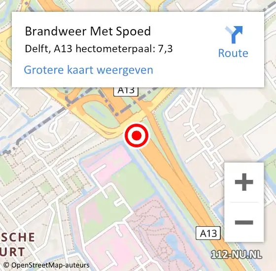 Locatie op kaart van de 112 melding: Brandweer Met Spoed Naar Delft, A13 hectometerpaal: 7,3 op 13 maart 2024 16:52