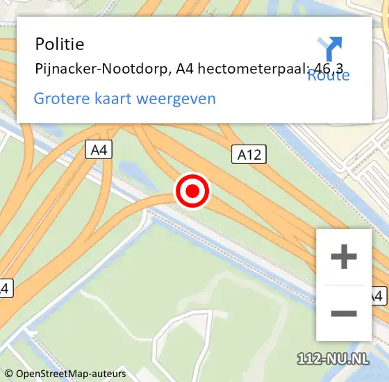 Locatie op kaart van de 112 melding: Politie Pijnacker-Nootdorp, A4 hectometerpaal: 46,3 op 13 maart 2024 17:03
