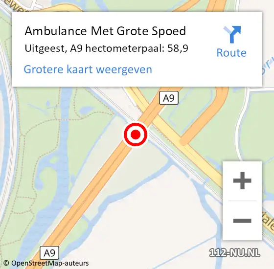 Locatie op kaart van de 112 melding: Ambulance Met Grote Spoed Naar Uitgeest, A9 hectometerpaal: 58,9 op 13 maart 2024 17:46