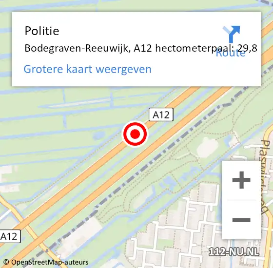 Locatie op kaart van de 112 melding: Politie Bodegraven-Reeuwijk, A12 hectometerpaal: 29,8 op 13 maart 2024 20:46
