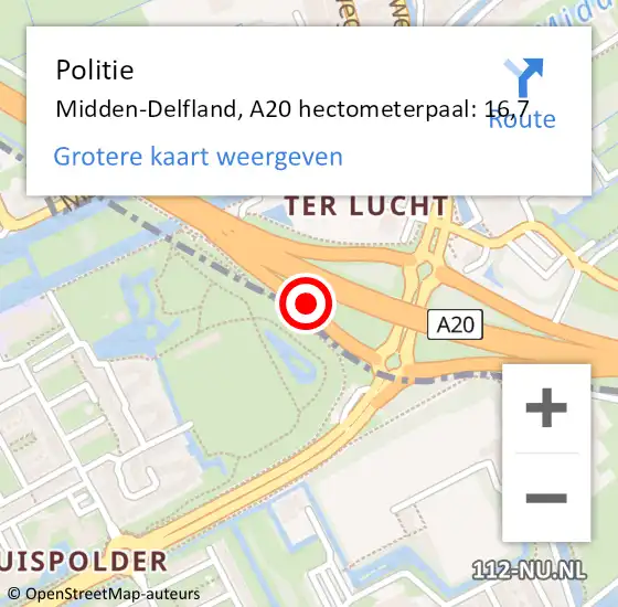 Locatie op kaart van de 112 melding: Politie Midden-Delfland, A20 hectometerpaal: 16,7 op 14 maart 2024 00:06