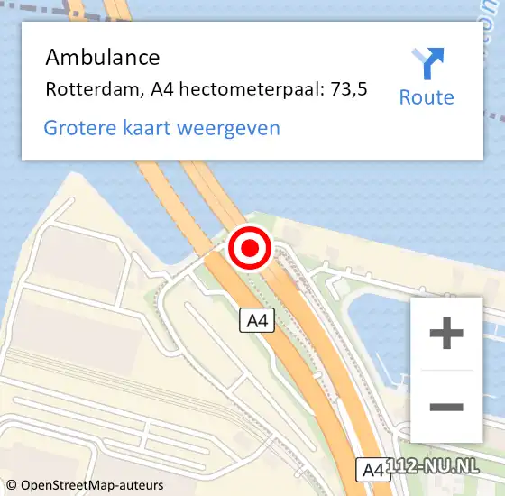 Locatie op kaart van de 112 melding: Ambulance Rotterdam, A4 hectometerpaal: 73,5 op 14 maart 2024 09:13