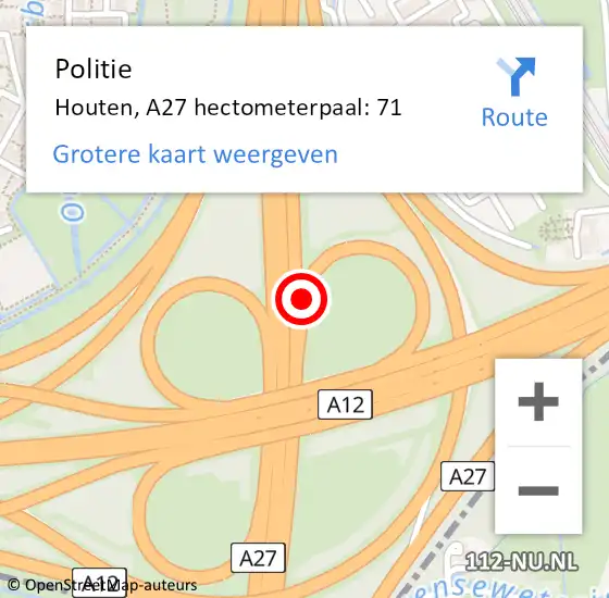 Locatie op kaart van de 112 melding: Politie Houten, A27 hectometerpaal: 71 op 14 maart 2024 09:18