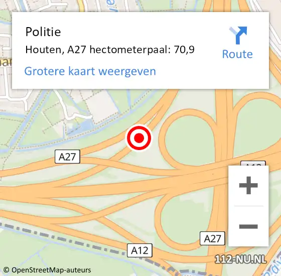 Locatie op kaart van de 112 melding: Politie Houten, A27 hectometerpaal: 70,9 op 14 maart 2024 09:20