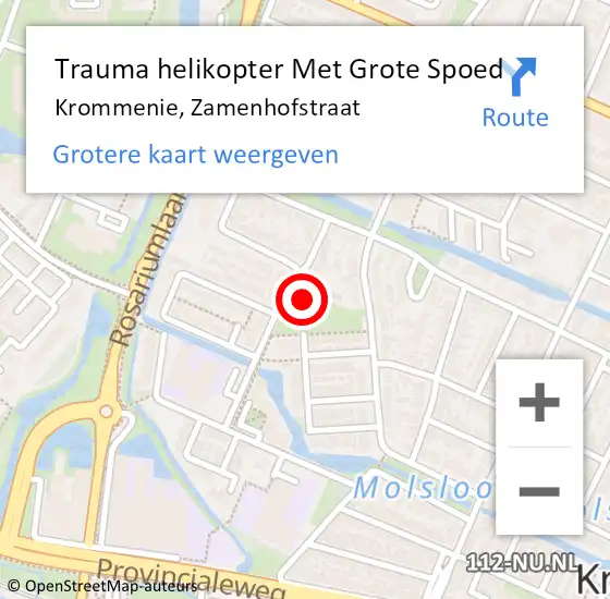 Locatie op kaart van de 112 melding: Trauma helikopter Met Grote Spoed Naar Krommenie, Zamenhofstraat op 14 maart 2024 10:50