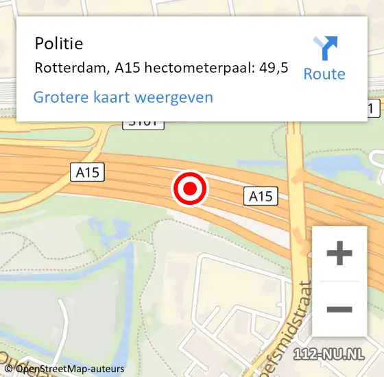 Locatie op kaart van de 112 melding: Politie Rotterdam, A15 hectometerpaal: 49,5 op 14 maart 2024 12:02