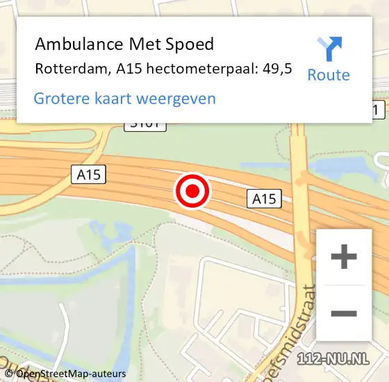 Locatie op kaart van de 112 melding: Ambulance Met Spoed Naar Rotterdam, A15 hectometerpaal: 49,5 op 14 maart 2024 12:05