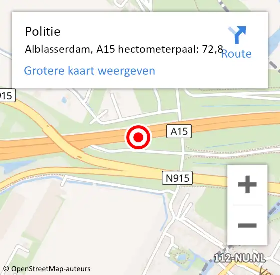 Locatie op kaart van de 112 melding: Politie Alblasserdam, A15 hectometerpaal: 72,8 op 14 maart 2024 12:33