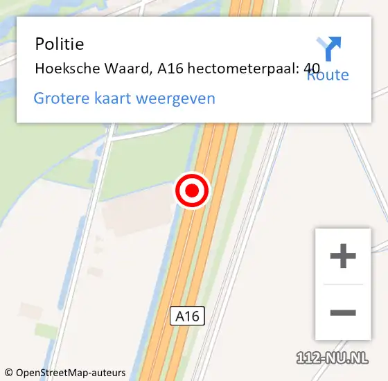 Locatie op kaart van de 112 melding: Politie Hoeksche Waard, A16 hectometerpaal: 40 op 14 maart 2024 12:36