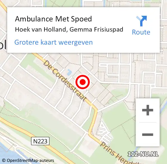 Locatie op kaart van de 112 melding: Ambulance Met Spoed Naar Hoek van Holland, Gemma Frisiuspad op 14 maart 2024 13:35