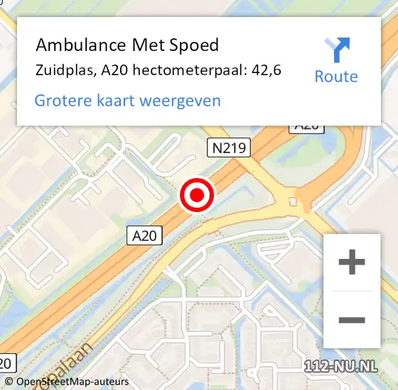 Locatie op kaart van de 112 melding: Ambulance Met Spoed Naar Zuidplas, A20 hectometerpaal: 42,6 op 14 maart 2024 13:35
