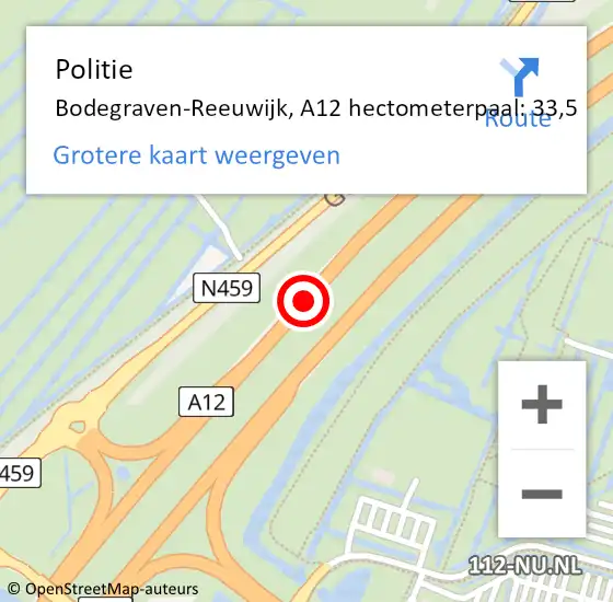 Locatie op kaart van de 112 melding: Politie Bodegraven-Reeuwijk, A12 hectometerpaal: 33,5 op 14 maart 2024 14:14