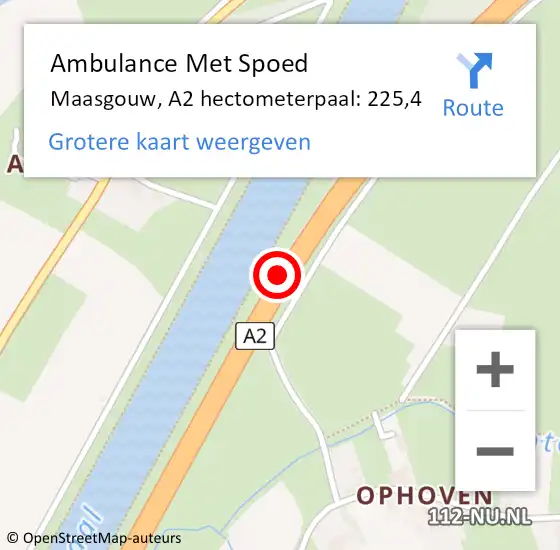 Locatie op kaart van de 112 melding: Ambulance Met Spoed Naar Maasgouw, A2 hectometerpaal: 225,4 op 14 maart 2024 14:43