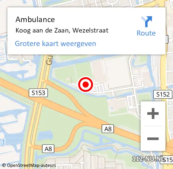 Locatie op kaart van de 112 melding: Ambulance Koog aan de Zaan, Wezelstraat op 14 maart 2024 15:24