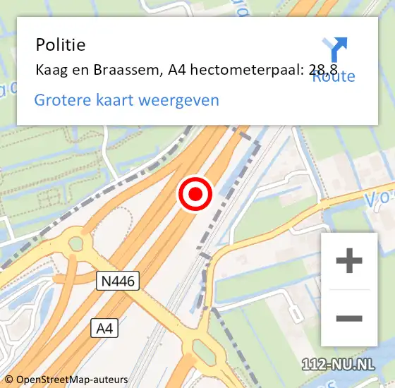 Locatie op kaart van de 112 melding: Politie Kaag en Braassem, A4 hectometerpaal: 28,8 op 14 maart 2024 15:56