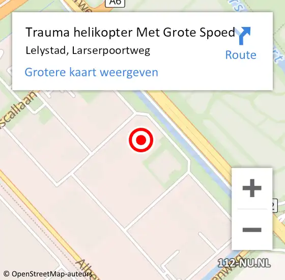 Locatie op kaart van de 112 melding: Trauma helikopter Met Grote Spoed Naar Lelystad, Larserpoortweg op 14 maart 2024 16:13