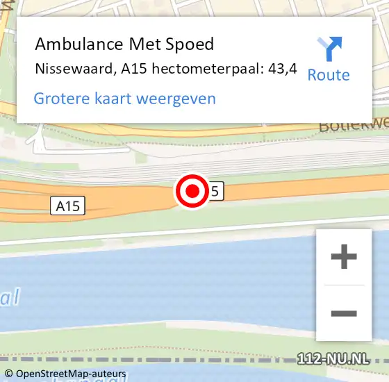Locatie op kaart van de 112 melding: Ambulance Met Spoed Naar Nissewaard, A15 hectometerpaal: 43,4 op 14 maart 2024 16:33