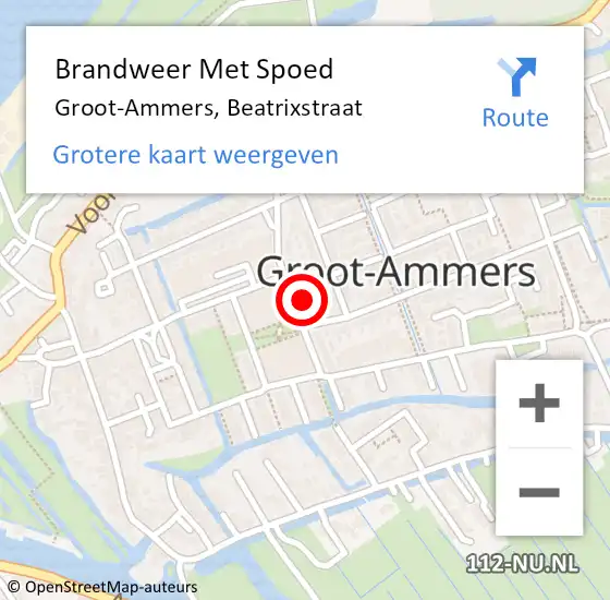 Locatie op kaart van de 112 melding: Brandweer Met Spoed Naar Groot-Ammers, Beatrixstraat op 14 maart 2024 16:50