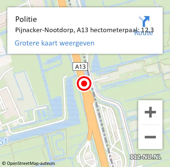 Locatie op kaart van de 112 melding: Politie Pijnacker-Nootdorp, A13 hectometerpaal: 12,3 op 14 maart 2024 16:54
