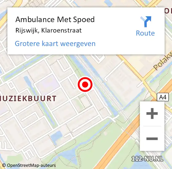 Locatie op kaart van de 112 melding: Ambulance Met Spoed Naar Rijswijk, Klaroenstraat op 14 maart 2024 17:04