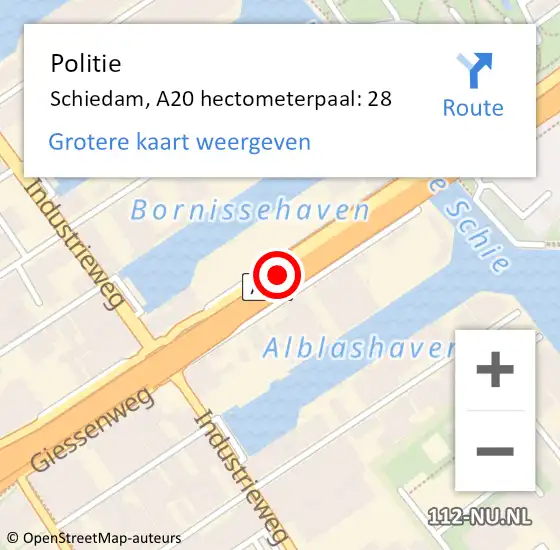 Locatie op kaart van de 112 melding: Politie Schiedam, A20 hectometerpaal: 28 op 14 maart 2024 17:09
