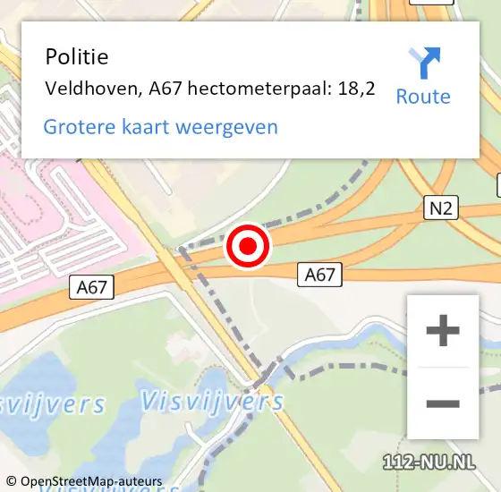 Locatie op kaart van de 112 melding: Politie Veldhoven, A67 hectometerpaal: 18,2 op 14 maart 2024 17:13