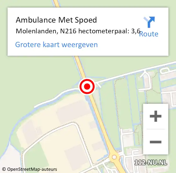 Locatie op kaart van de 112 melding: Ambulance Met Spoed Naar Molenlanden, N216 hectometerpaal: 3,6 op 14 maart 2024 17:42