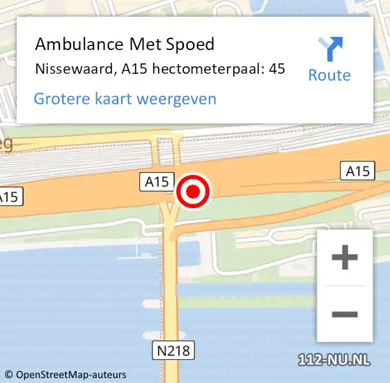 Locatie op kaart van de 112 melding: Ambulance Met Spoed Naar Nissewaard, A15 hectometerpaal: 45 op 14 maart 2024 17:56