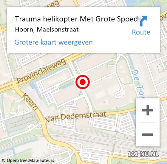 Locatie op kaart van de 112 melding: Trauma helikopter Met Grote Spoed Naar Hoorn, Maelsonstraat op 14 maart 2024 18:35