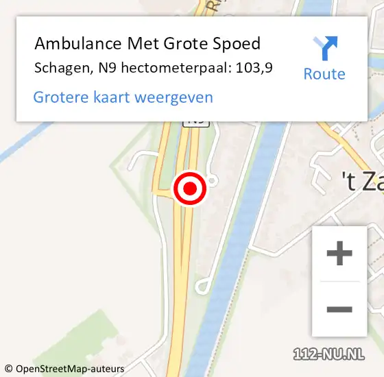 Locatie op kaart van de 112 melding: Ambulance Met Grote Spoed Naar Schagen, N9 hectometerpaal: 103,9 op 15 maart 2024 07:37