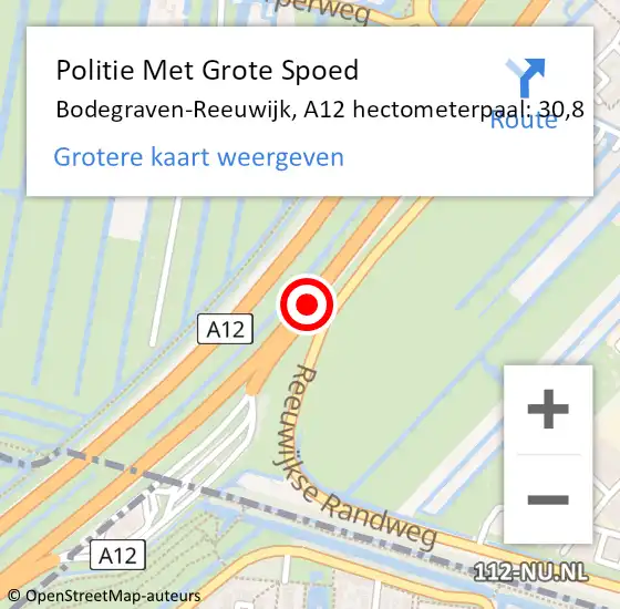 Locatie op kaart van de 112 melding: Politie Met Grote Spoed Naar Bodegraven-Reeuwijk, A12 hectometerpaal: 30,8 op 15 maart 2024 07:44