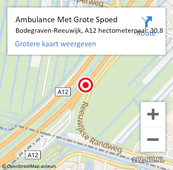 Locatie op kaart van de 112 melding: Ambulance Met Grote Spoed Naar Bodegraven-Reeuwijk, A12 hectometerpaal: 30,8 op 15 maart 2024 07:45
