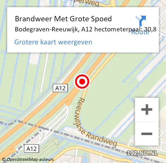 Locatie op kaart van de 112 melding: Brandweer Met Grote Spoed Naar Bodegraven-Reeuwijk, A12 hectometerpaal: 30,8 op 15 maart 2024 07:46