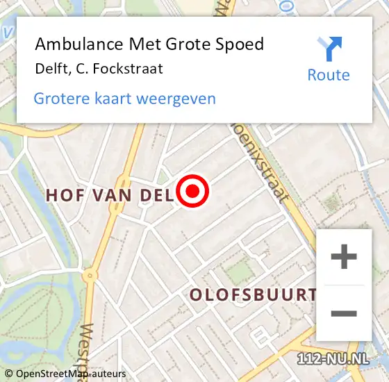 Locatie op kaart van de 112 melding: Ambulance Met Grote Spoed Naar Delft, C. Fockstraat op 15 maart 2024 08:42