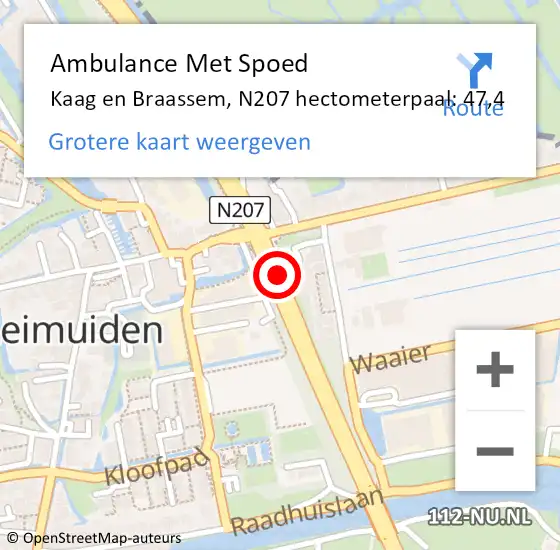 Locatie op kaart van de 112 melding: Ambulance Met Spoed Naar Kaag en Braassem, N207 hectometerpaal: 47,4 op 15 maart 2024 08:46