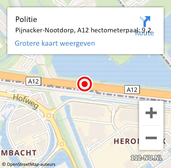 Locatie op kaart van de 112 melding: Politie Pijnacker-Nootdorp, A12 hectometerpaal: 9,2 op 15 maart 2024 09:06