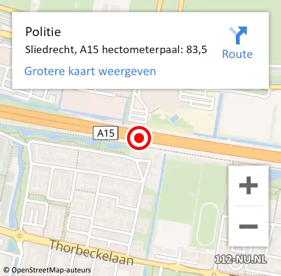 Locatie op kaart van de 112 melding: Politie Sliedrecht, A15 hectometerpaal: 83,5 op 15 maart 2024 10:27