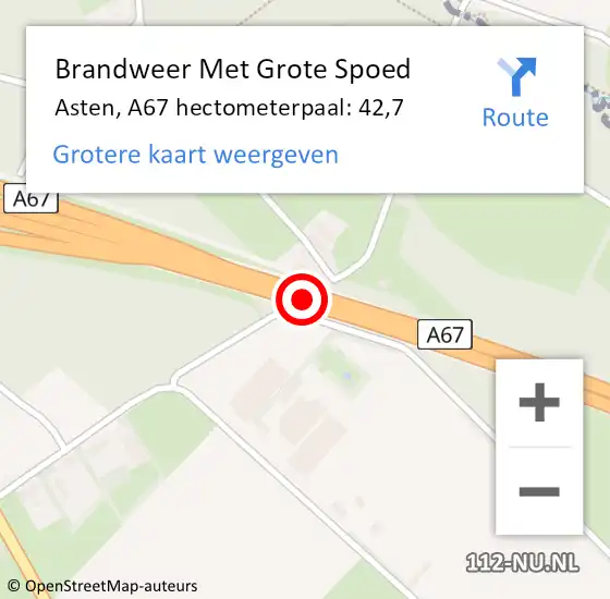 Locatie op kaart van de 112 melding: Brandweer Met Grote Spoed Naar Asten, A67 hectometerpaal: 42,7 op 15 maart 2024 12:32