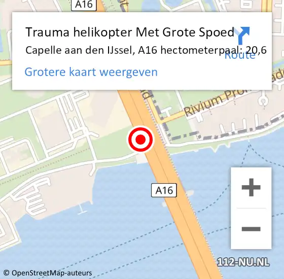 Locatie op kaart van de 112 melding: Trauma helikopter Met Grote Spoed Naar Capelle aan den IJssel, A16 hectometerpaal: 20,6 op 15 maart 2024 12:33