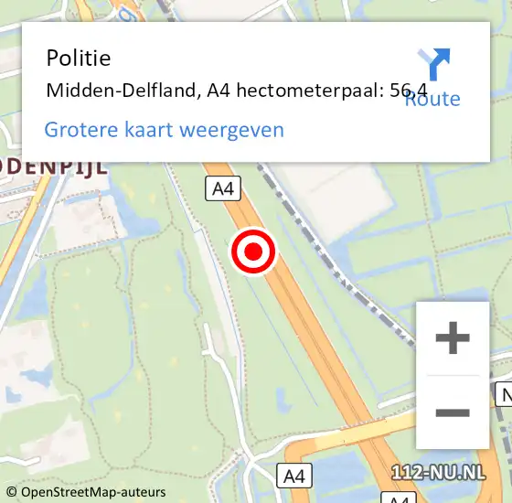 Locatie op kaart van de 112 melding: Politie Midden-Delfland, A4 hectometerpaal: 56,4 op 15 maart 2024 14:36