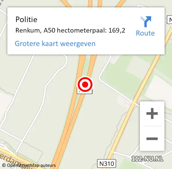 Locatie op kaart van de 112 melding: Politie Renkum, A50 hectometerpaal: 169,2 op 15 maart 2024 15:55
